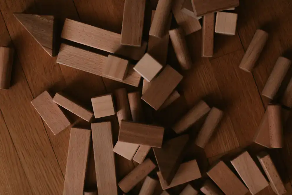 Set of naturally shaped Waldorf wooden building blocks